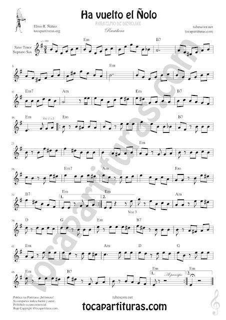  Soprano Sax y Saxo Tenor Partitura de Ha vuelto el Ñolo Sheet Music for Soprano Sax and Tenor Saxophone Music Scores