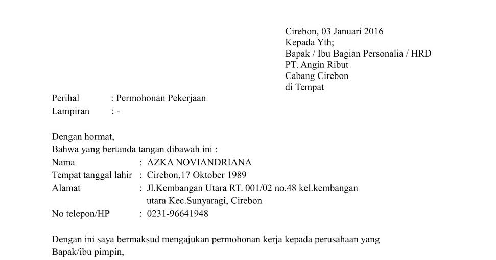 Gambar contoh surat lamaran kerja