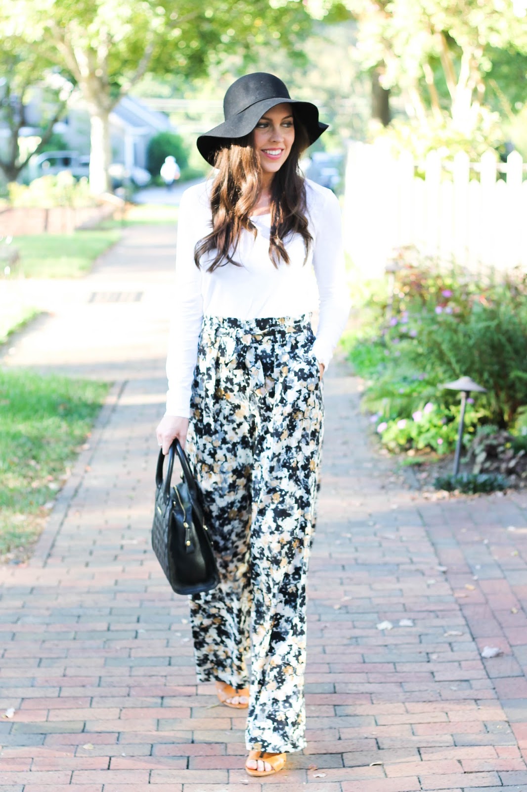 Nordstrom Leith Pleated Highwaisted Print Flare Pants, LOFT white long sleeve tee, black felt floppy hat,  quilted Vera Bradley satchel, fall outfit, cute fall look, ways to simplify your life, printed pants, Fearrington Village