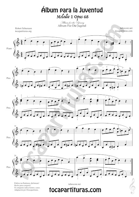 Álbum para la Juventud Partitura de Piano Opus Nº 1 de Robert Schumann Melodie for the Young Sheet Music for Piano beginners