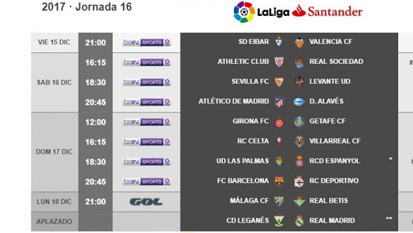 Liga Santander 2017/2018, horarios oficiales para la jornada 16