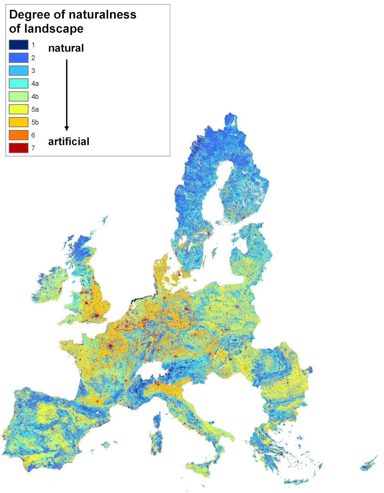 Degree of hemeroby (naturalness) of the overall landscape in EU countries (1996 - 2005)