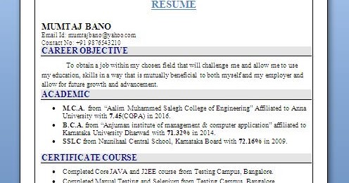 MCA Fresher Resume Format with JAVA and J2EE Certifications