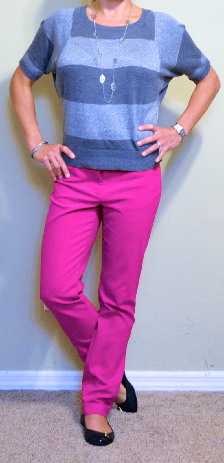 guest post - v: striped grey & silver top, fuchsia pants | Outfit Posts