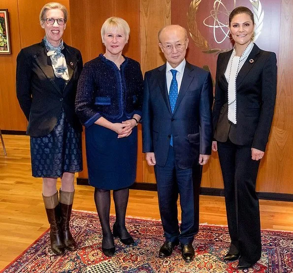 Crown Princess Victoria attended IAEA Ministerial Conference at Vienna International Atomic Energy Agency Centre. wore black blazer