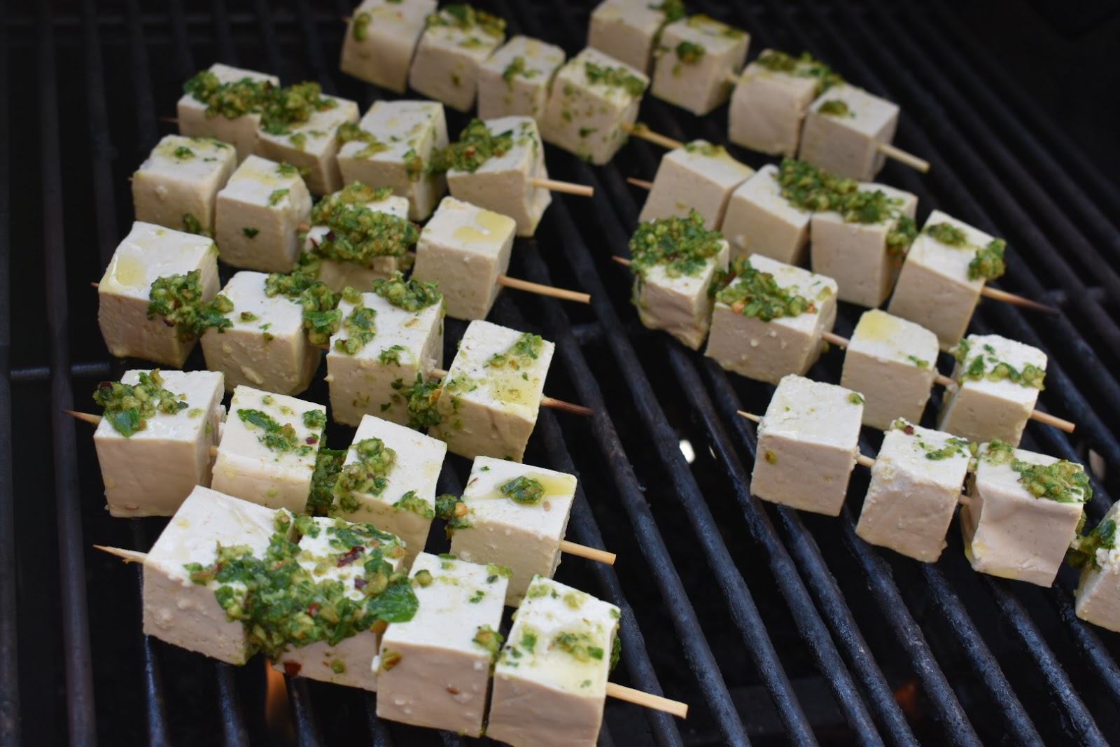 Grilled Tofu Kabobs with Spicy Basil Pesto • Chef Jen