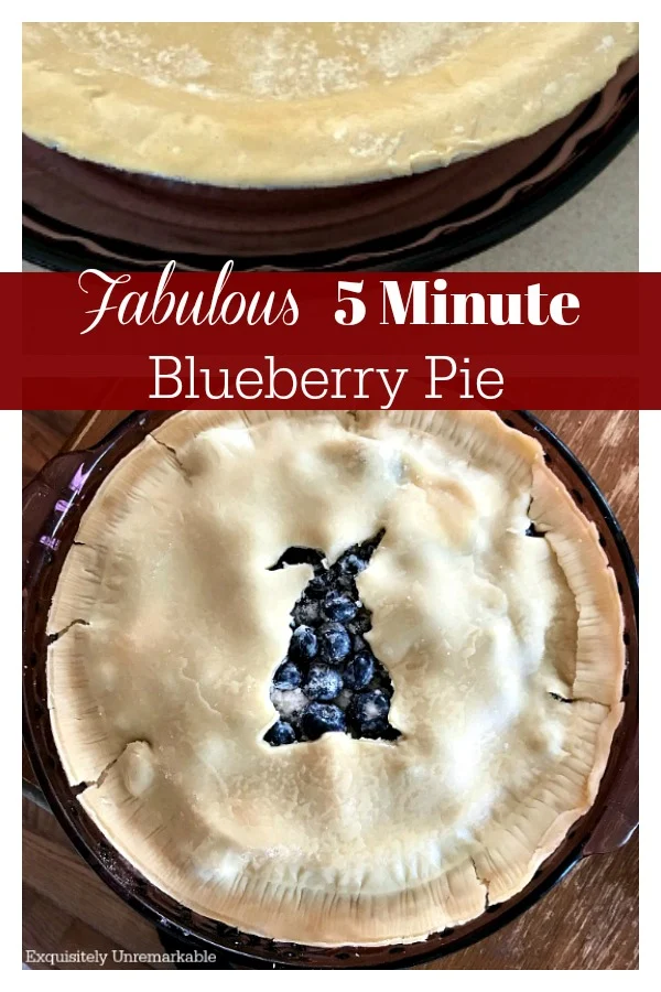 Super Easy Five Minute Blueberry Pie Recipe text over bunny crust cup out blueberry pie