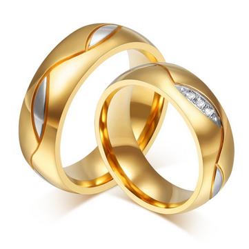 Wedding Ring Set Couple's Gold Plated Bands - Titanium Steel Crystal Rings