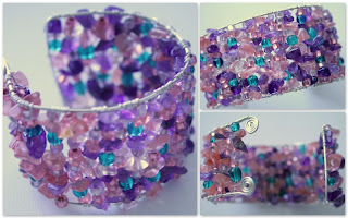 Pink, Purple and green challenge: Spring cuff (sterling silver, amethyst, rose quartz, Czech glass beads) :: All Pretty Things