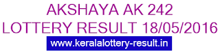 Kerala Akshaya AK-242 Lottery Result today 18-5-2016 Kerala Akshaya Lottery result today Ak242, Lottery result 2016, Kerala lotteries Akshaya Ak 242. Today's Akshaya AK-242 lottery result