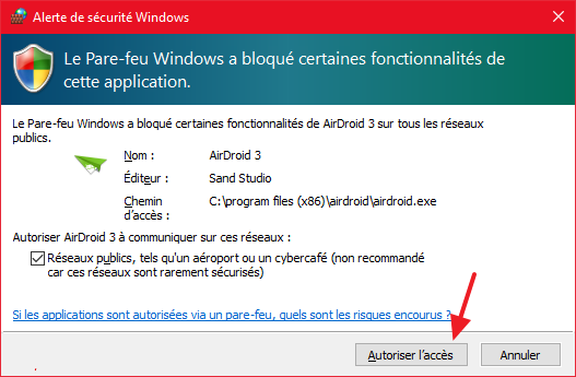 afficher son Android sur PC, Contrôler son Android sur PC, Le Pare-feu Windows demandera d’autoriser l’accès faites-le, et cliquez sur « Autoriser l’accès« . Comment Contrôler/afficher son Android sur PC