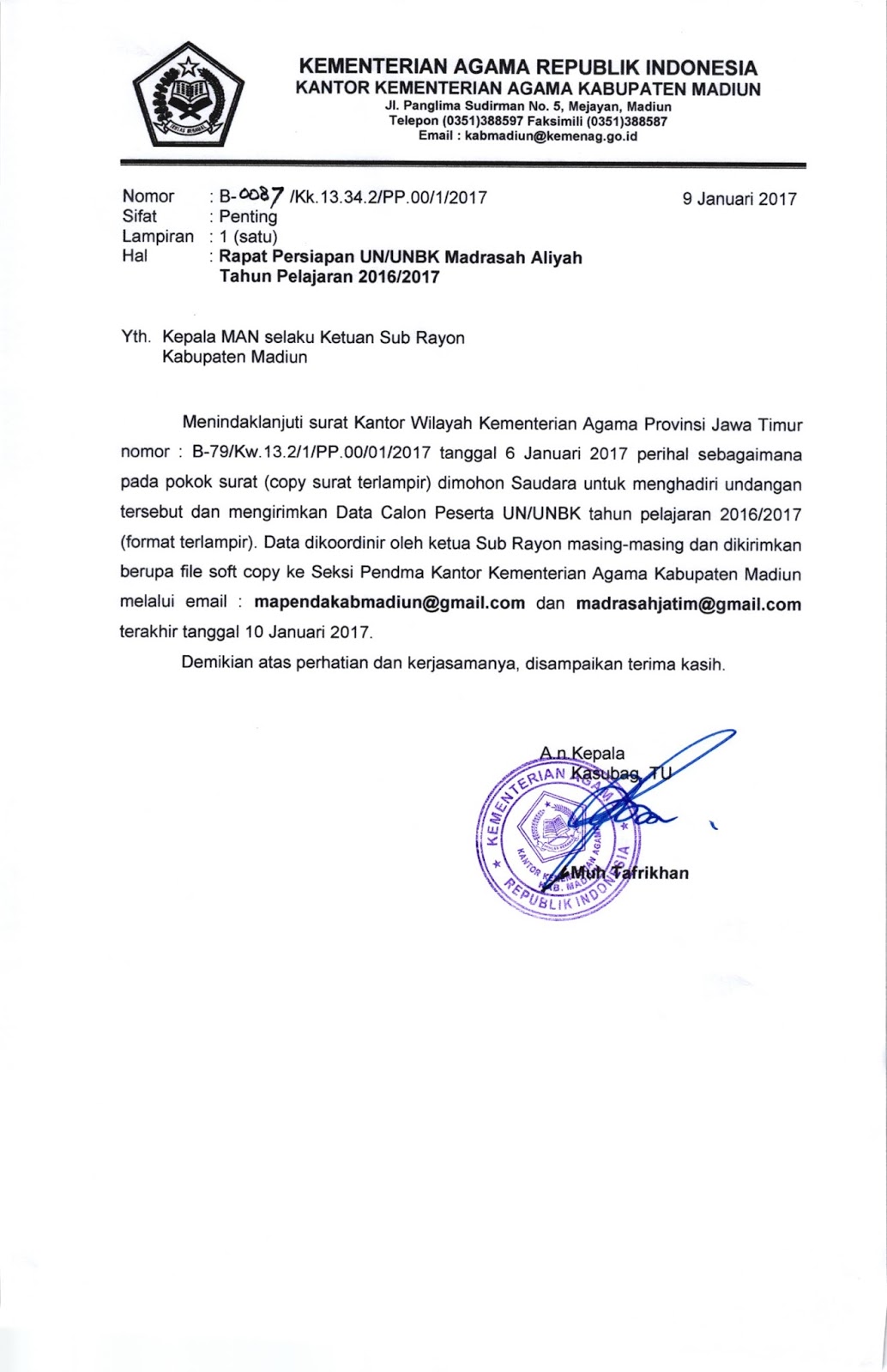 Contoh Surat Undangan Rapat Koordinasi Pelaksanaan Ujian Akhir Semester