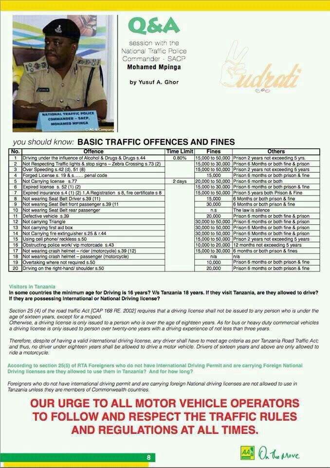 BASIC TRAFFIC OFFENCES AND FINES IN TANZANIA WAS ANNOUNCED BY MOHAMED