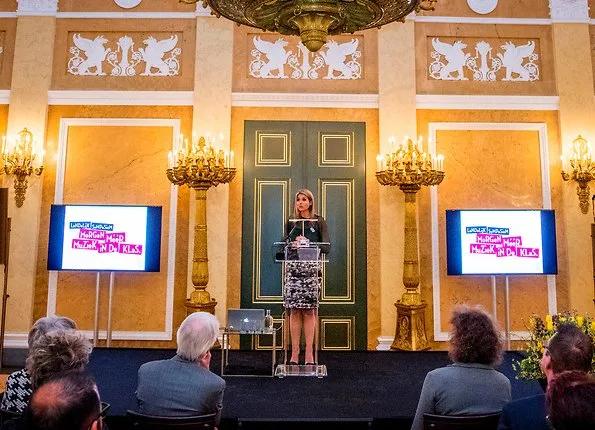 Queen Maxima opens Tomorrow More Music in the Classroom Symposium at Noordeinde Palace in The Hague. Queen wore Natan skirt