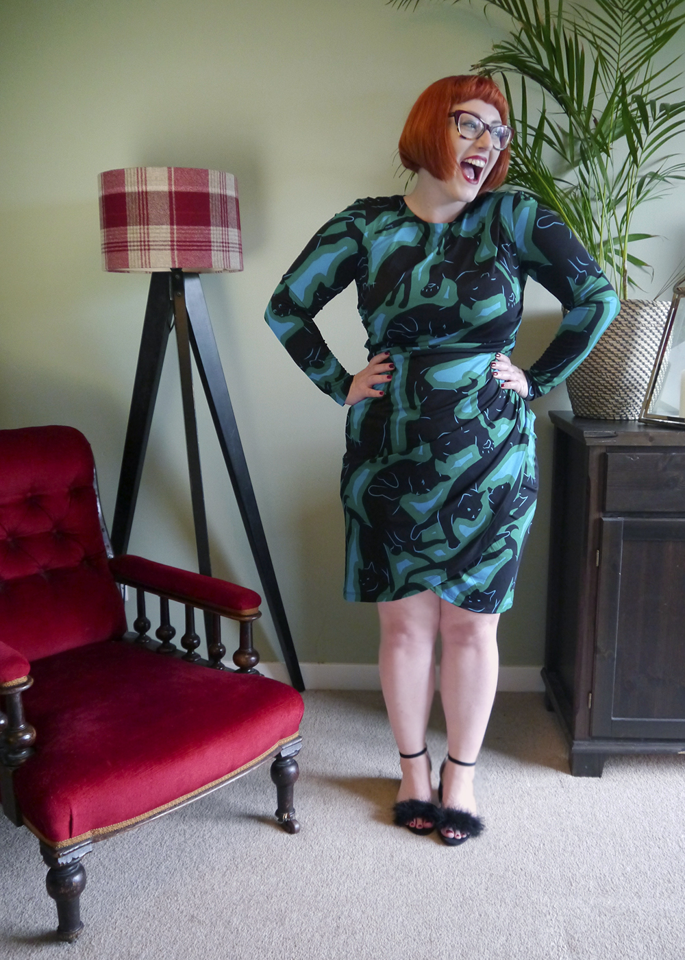 Issa Cat Print Dress From Jenners House of Fraser as an Edinburgh Cocktail Weekend Outfit UK fashion blogger Helen from Wardrobe Conversations wear an Issa cat print dress and fluffy shoes for the Friday night of Edinburgh Cocktail Weekend