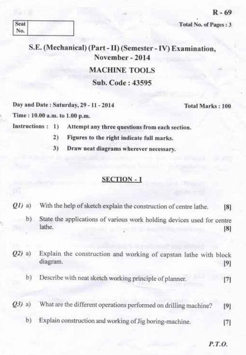 SU 43595 Machine Tools Dec 2014 Question Paper University Question Papers