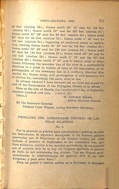 Proclamation 8 series of 1909 in English and Spanish. Proclamation 8 series of 1909 in English and Spanish.