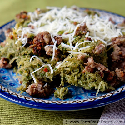 A low carb entree of baked spaghetti squash tossed with mustard greens pesto. Jazz it up with crumbled Italian sausage and cheese for a farm share dinner to please the while family.