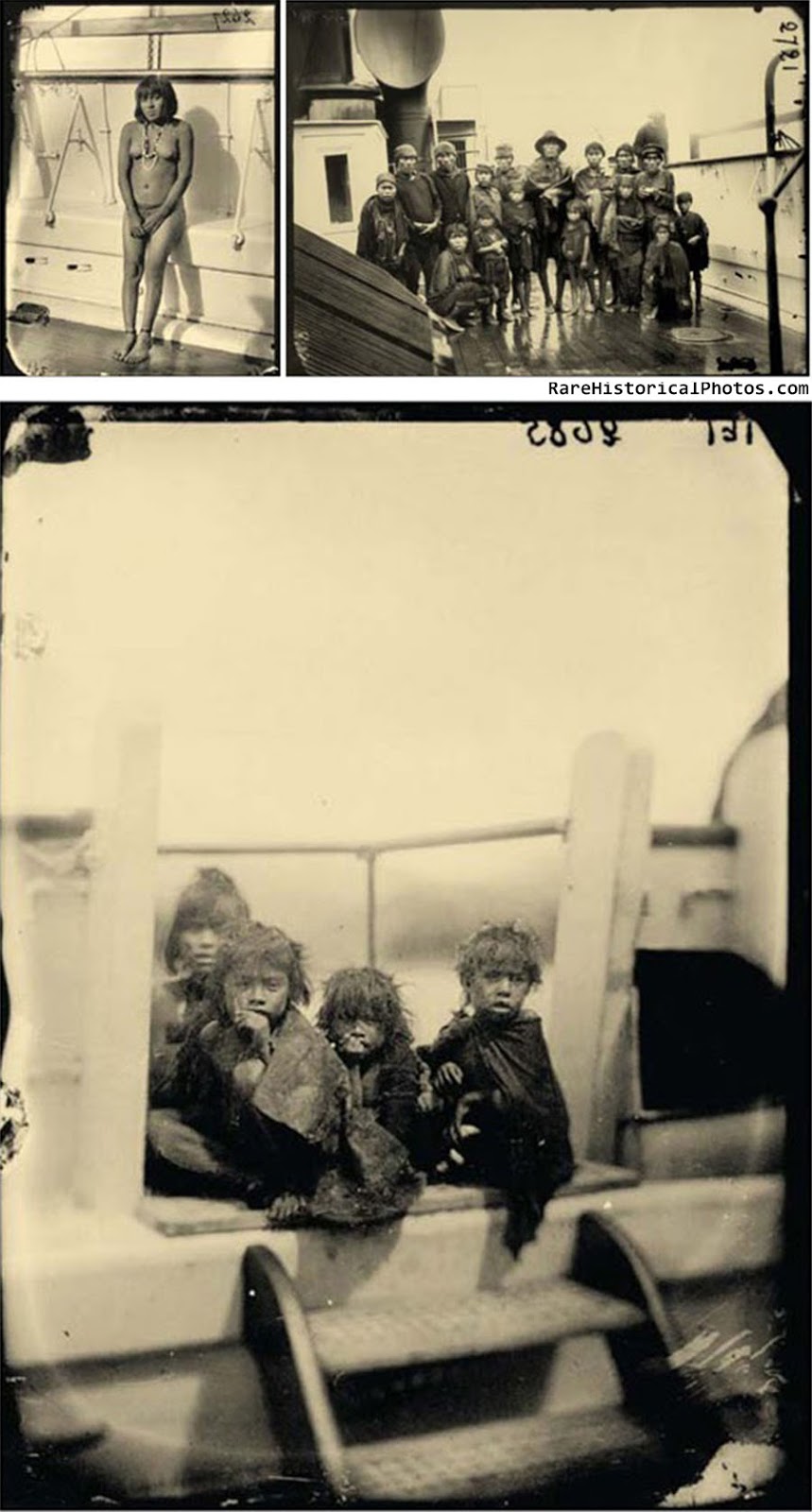 Selknam natives en route to Europe for being exhibited as animals in Human Zoos, 1899.