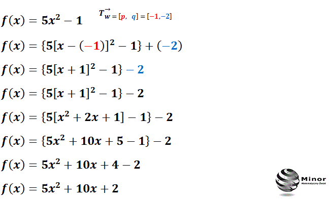 Translacja wykresu funkcji f(x) o wektor [-1, -2], polega na przesunięciu wykresu o 1 jednostkę w lewą stronę równolegle do osi odciętych (x) i o 2 jednostkę w dół równolegle do osi rzędnych (y). Do wzoru funkcji f(x) w miejsce x podstawiamy [x+1] i odejmujemy 2.