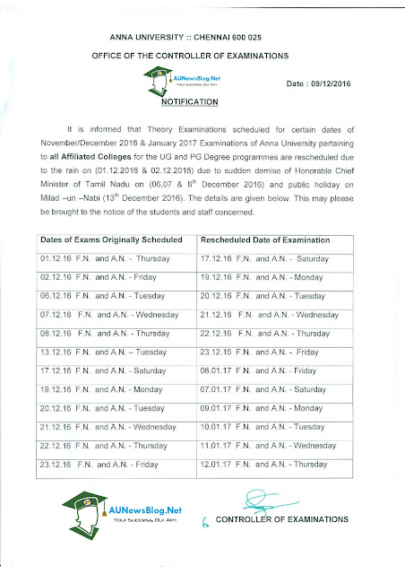 Anna University Postponed Exams Rescheduled Dates for Nov/Dec 2016 Exams