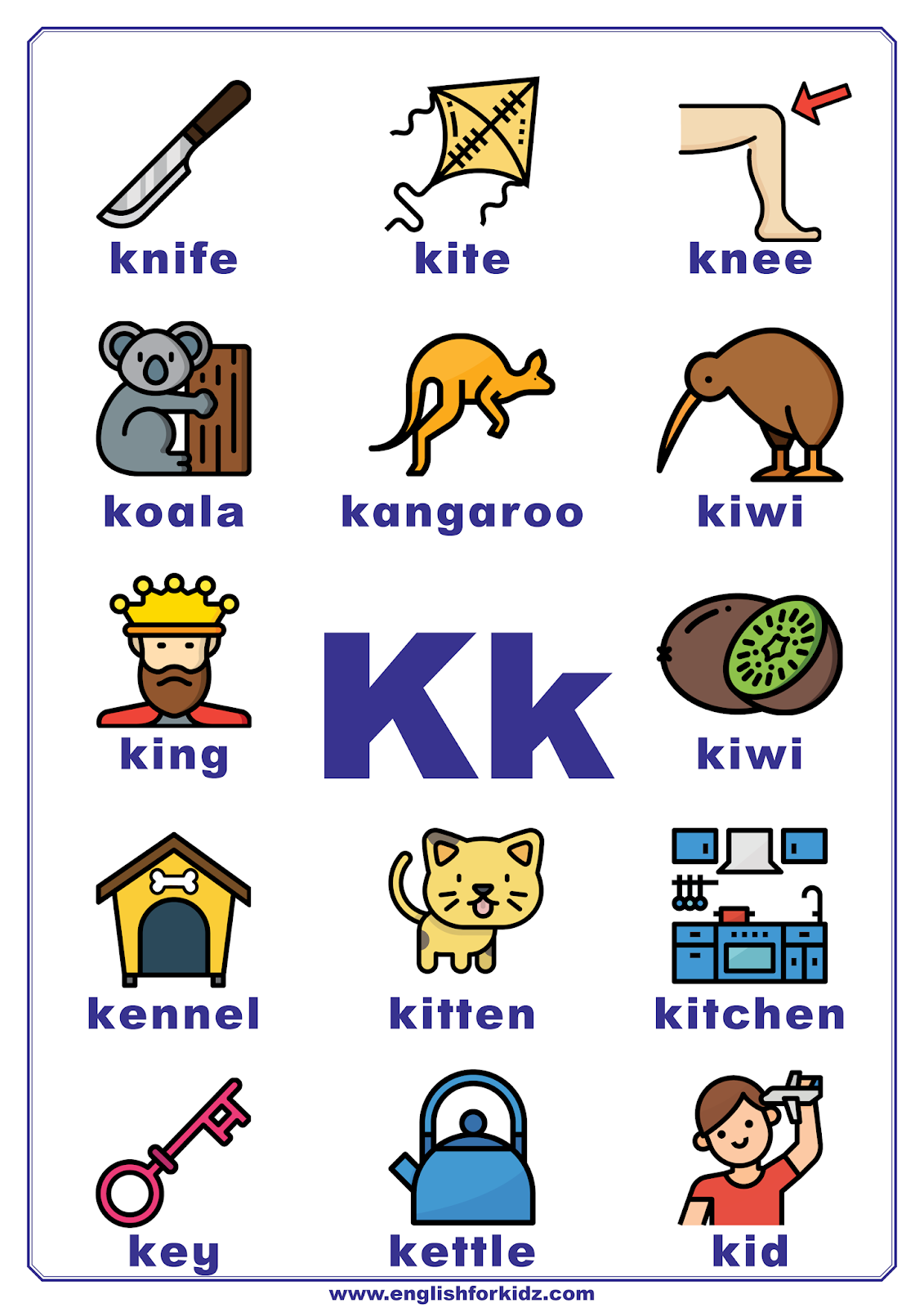 English for Kids Step by Step: Letter K Worksheets, Flash Cards