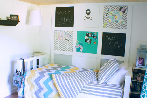 Teenage girl room makeover with fun and exciting colors but a bit of punk splashed in.