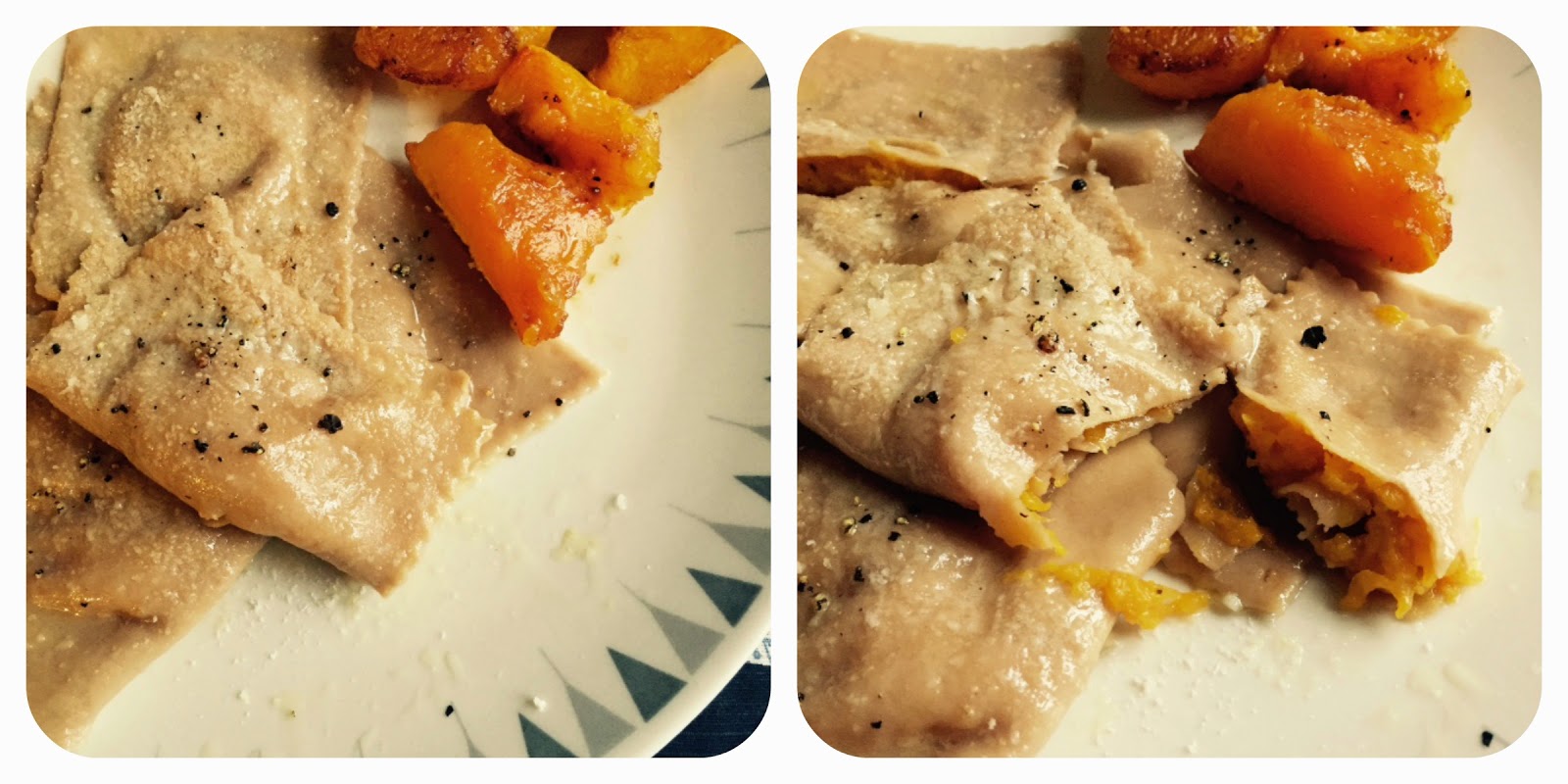 Two close-up of chestnut pumpkin ravioli. Second image shows open ravioli with filling oozing out.