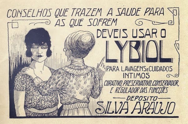 Propaganda do Lybiol para cuidados e higiene íntima feminina em 1924.