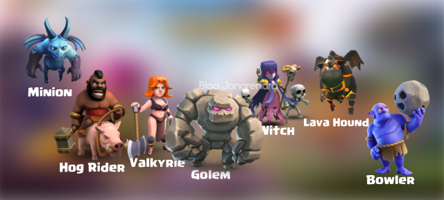 Minion Hog Rider Valkyrie Golem Witch Lava Hound Bowler blog jonarendra
