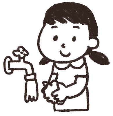 手を洗う女の子のイラスト 白黒線画