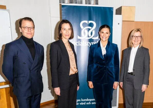 Crown Princess Victoria wore Dagmar Tuva cord blazer, Ebba Brahe Duchess earrings, Gianvito Rossi Levy ankle boots, Valentino bag