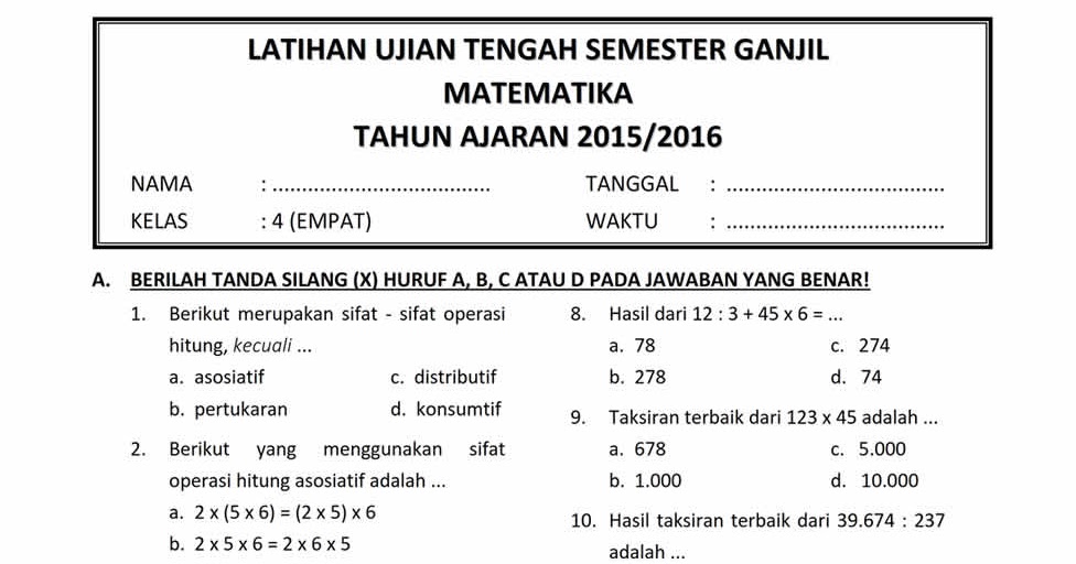 Soal ulangan harian matematika kelas 5 sd semester 1 buranic4