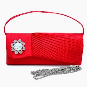 Pleated Asymmetric Flap Over Clutch With Flower Rhinestone Accent Satin Evening Purses Red