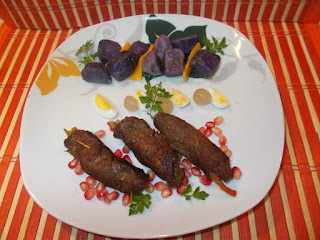 Rulouri din carne de ștruț cu legume si garnitura purple majesty - cartofi violeti