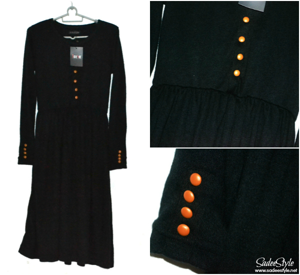 Navy Cotton Round Neck Long Sleeves Tea length Plain Dress