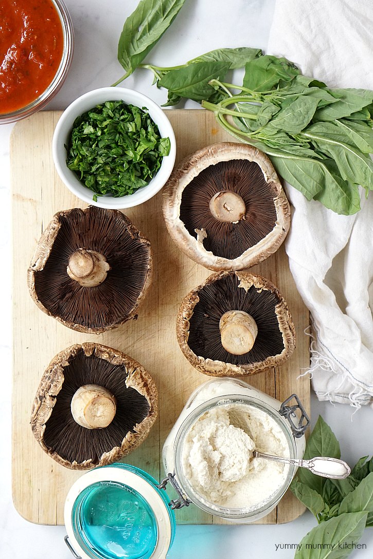 Vegan stuffed portobello mushroom ingredients Just a few simple ingredients are needed for this vegan stuffed portobello recipe. Portobellos, marinara, fresh spinach and basil, and almond ricotta.