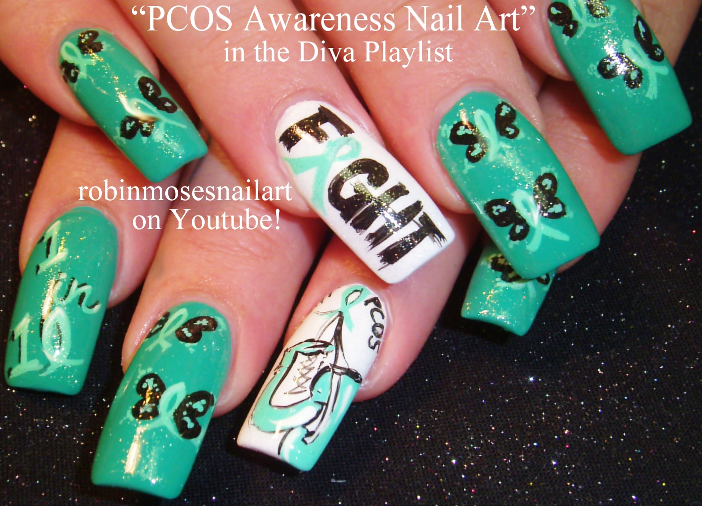 Nail Art by Robin Moses PCOS nail art, PCOS nails, Teal and white