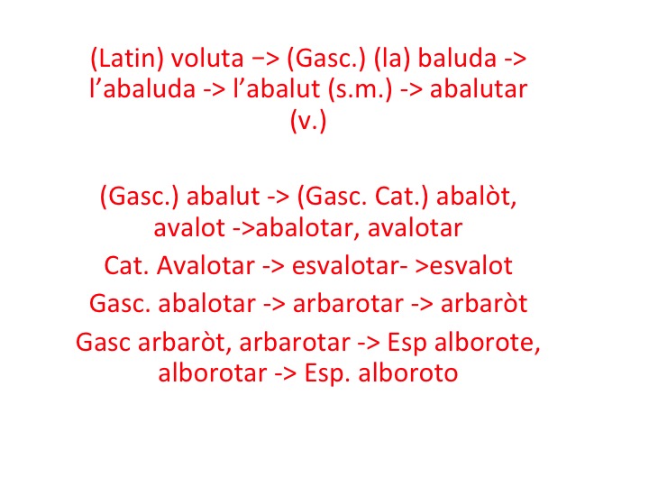 Deu latin voluta tà abalut e de abalut entàd abalòt, arbaròt, cat. avalot, esp. arborote