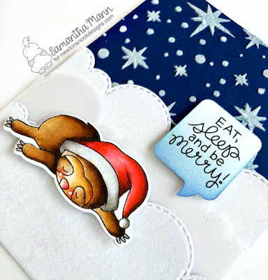 Eat Sleep and Be Merry Card by Samantha Mann for Newton's Nook Designs and ThermOWeb Collaboration, Christmas, sloth, Card, handmade cards, flock, clouds, night sky, glitter #newtonsnook #thermoweb #flock #chrismtascard #sloth