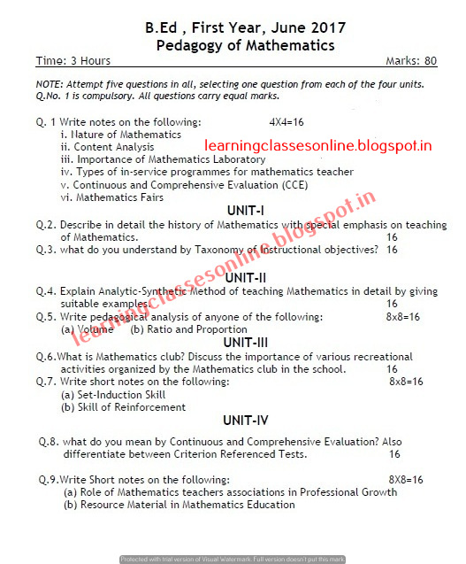 Pedagogy of mathematics question paper