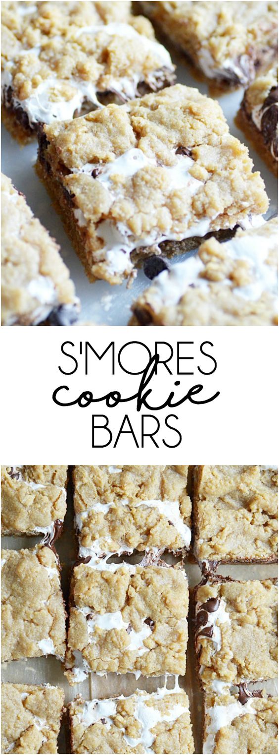 S'mores Cookie Bars: Soft, chewy, and slightly crunchy graham cracker cookie bars with a marshmallow swirl and semi-sweet chocolate chips. ~ Something Swanky