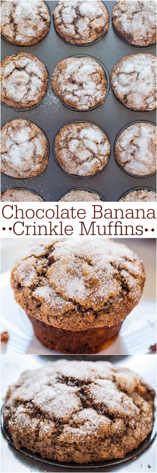 Chocolate Banana Crinkle Muffins - Have ripe bananas to use? Make these easy, no mixer chocolate beauties! Best.muffin.tops.EVER!!!