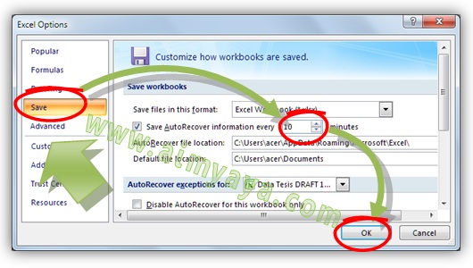 Gambar: Cara mengatur dan menonaktifkan recent dokumen / file Microsoft Excel 