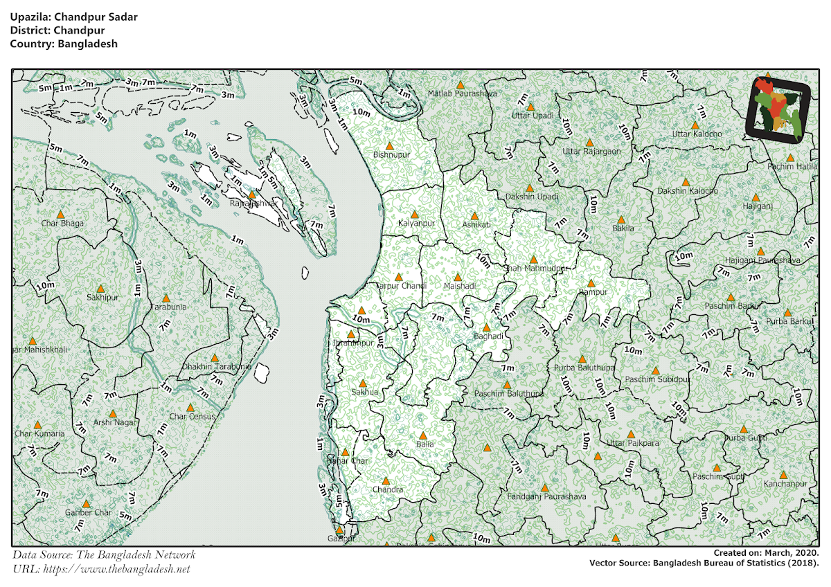 Chandpur Sadar Upazila Elevation Map Chandpur District Bangladesh