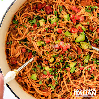Taco Spaghetti (One Pot Pasta) close up photo of a one pot pasta taco spaghetti dinner