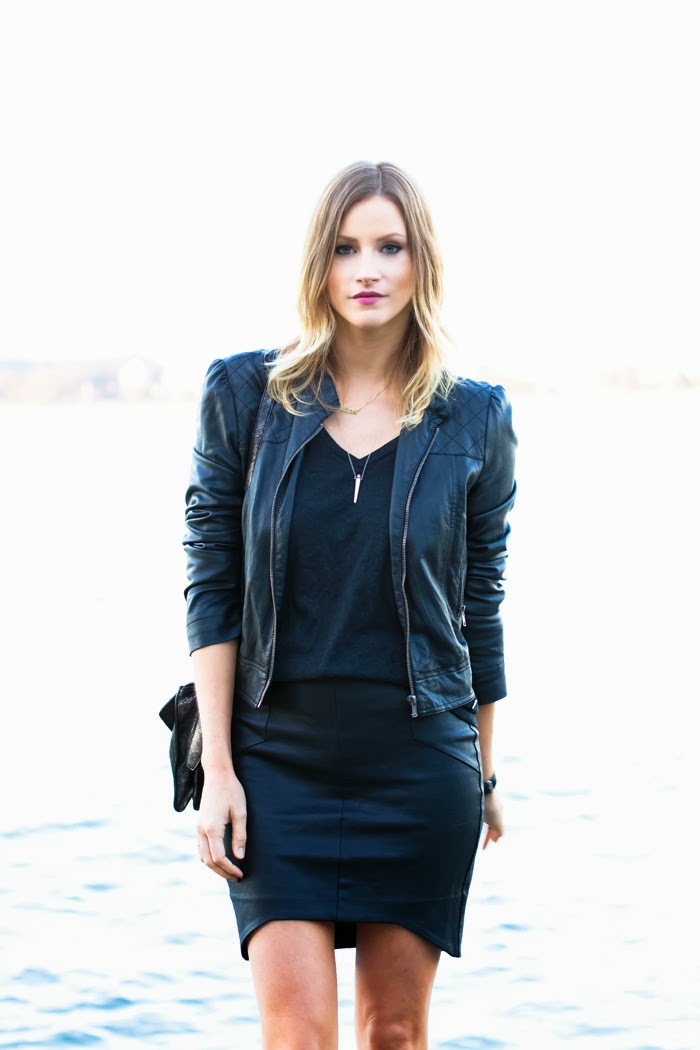 Vancouver Fashion Blogger, Alison Hutchinson, is wearing an all-black leather look with a forever 21 leather jacket, grey aritzia tee, black leather witchery skirt, black sam edelman ankle boots with buckles, rigns from KVBijou and a silver botkier bag