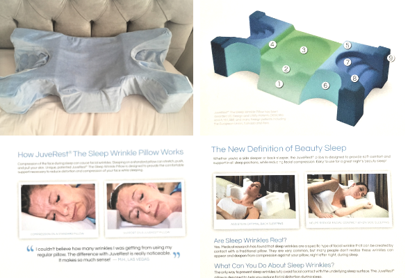 JuveRest sleep wrinkle pillow in cover and box illustrations of use