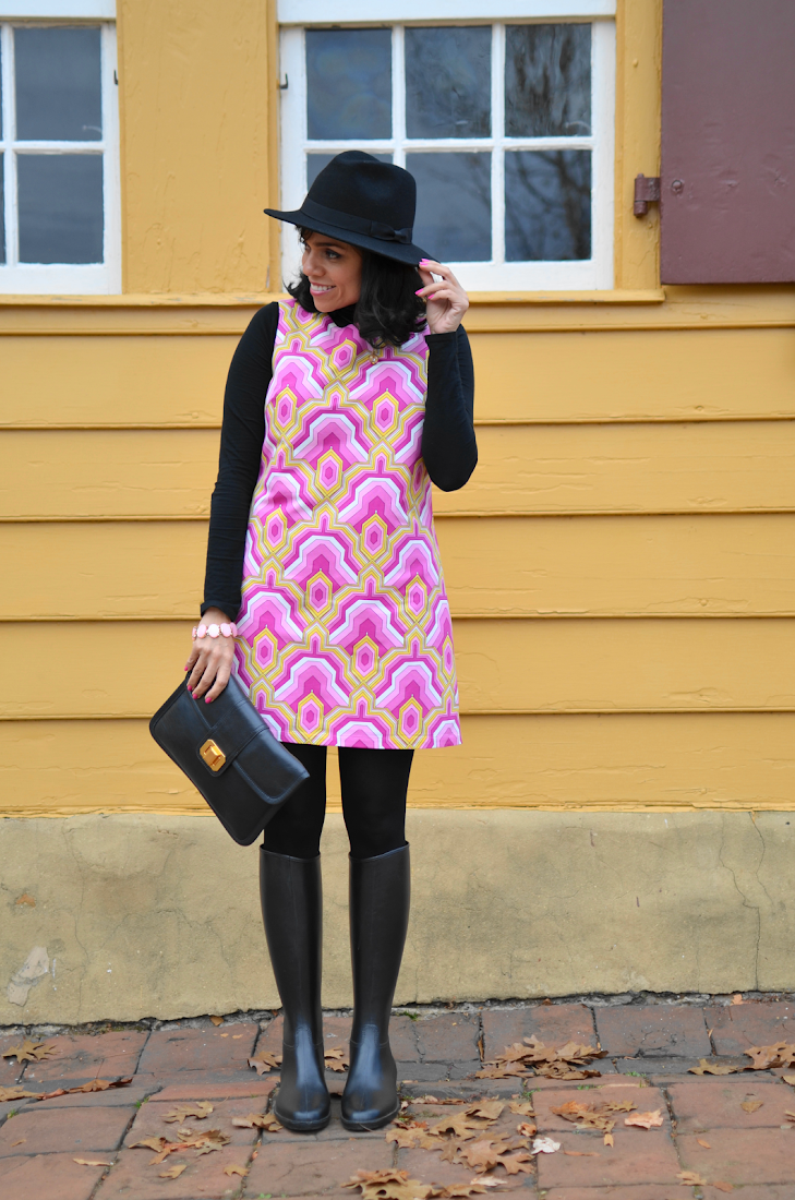 Pink Shift Dress Rain Boots Outfit