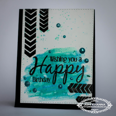 Handstamped birthday card using faber castell gelatos on glossy cardstock, using stamps from Happy Little Stampers